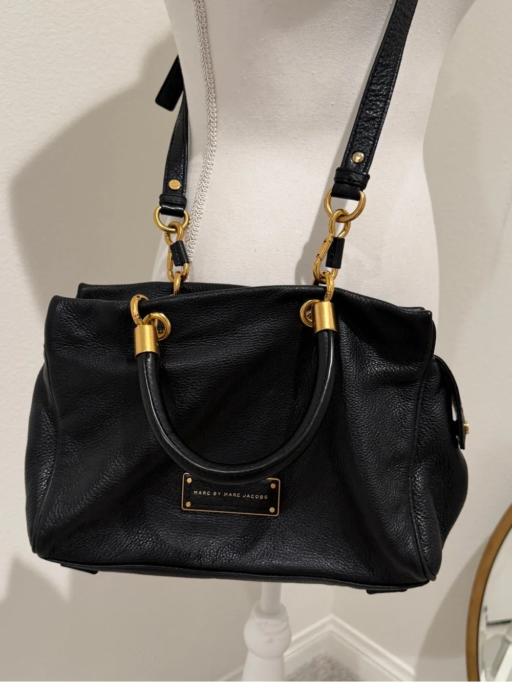 Marc by Marc Jacobs Black Leather Satchel with Gold Hardware Accents